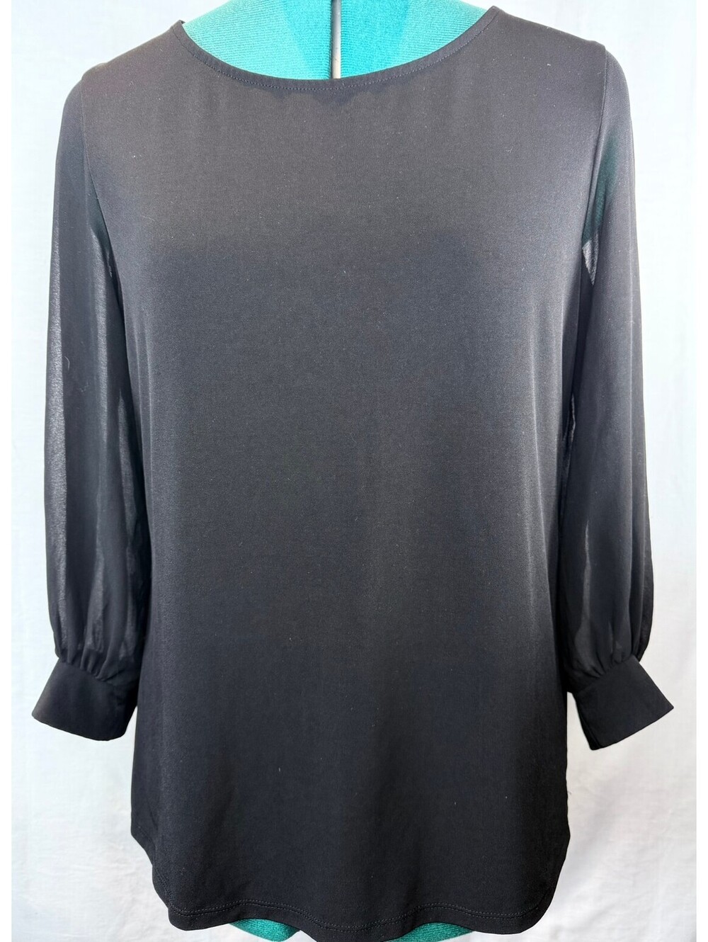 Calvin Klein Women’s Small Black Sheer Balloon-Sleeve Stretch Blouse